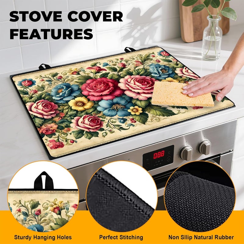 BVBOX Peony Flower Stove Top Cover Retro Flower Gas Stove Top Cover for Home Decoration Kitchen Pad Non-Stick Washable Cooktop Covers Countertop Protector Keep Stove Clean 28"x20" - Image 2